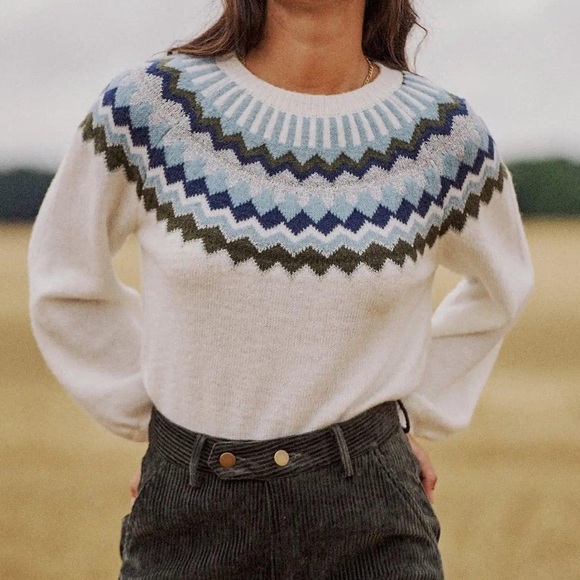 Garance Paris Norwegian Jacquard White And Blue Pattern Kilim Sweater Size: S/M - Picture 1 of 13